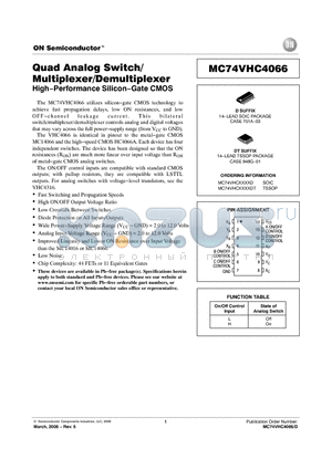 MC74VHC4066D datasheet - Quad Analog Switch/Multiplexer/Demultiplexer High−Performance Silicon−Gate CMOS