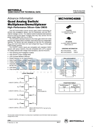 MC74VHC4066 datasheet - Quad Analog Switch/Multiplexer/Demultiplexer