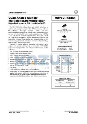 MC74VHC4066 datasheet - Quad Analog Switch/Multiplexer/Demultiplexer High−Performance Silicon−Gate CMOS