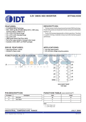 IDT74ALVC04PG datasheet - 3.3V CMOS HEX INVERTER