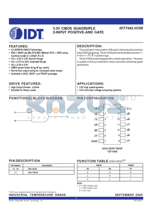 IDT74ALVC08 datasheet - 3.3V CMOS QUADRUPLE 2-INPUT POSITIVE-AND GATE