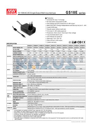 GS18E05 datasheet - 10~18WAC-DC Single Output Wall-mounted type