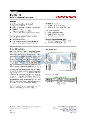 FM28V100 datasheet - 1Mbit Bytewide F-RAM Memory