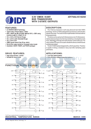 IDT74ALVC16245PV datasheet - 3.3V CMOS 16-BIT BUS TRANSCEIVER WITH 3-STATE OUTPUTS