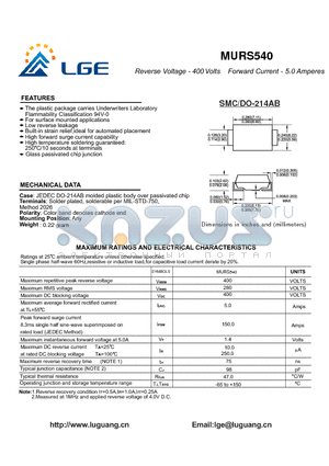 MURS540 datasheet - Reverse Voltage - 400 Volts Forward Current - 5.0 Amperes