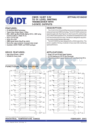 IDT74ALVC164245PA datasheet - CMOS 16-BIT 3.3V TO 5V LEVEL SHIFTING TRANSCEIVER WITH 3-STATE OUTPUTS