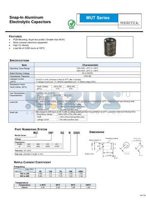 MUT160V153M22X25 datasheet - Snap-In Aluminum Electrolytic Capacitors