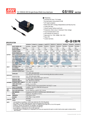 GS18U07 datasheet - 15~18WAC-DC Single Output Wall-mounted type