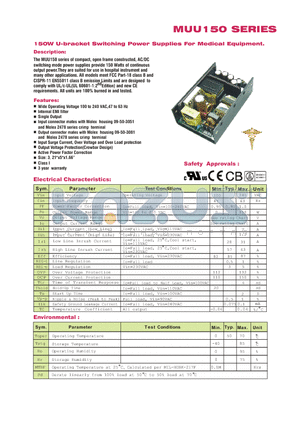 MUU150 datasheet - 150W U-bracket Switching Power Supplies For Medical Equipment