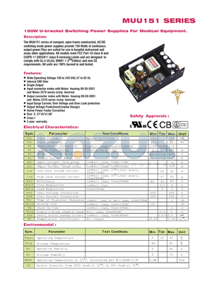 MUU151-105 datasheet - 150W U-bracket Switching Power Supplies For Medical Equipment