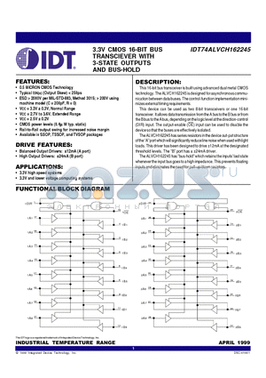 IDT74ALVCH162245PV datasheet - 3.3V CMOS 16-BIT BUS TRANSCIEVER WITH 3-STATE OUTPUTS AND BUS-HOLD