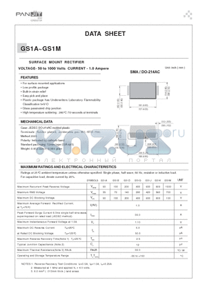 GS1A datasheet - SURFACE MOUNT RECTIFIER(VOLTAGE- 50 to 1000 Volts CURRENT - 1.0 Ampere)
