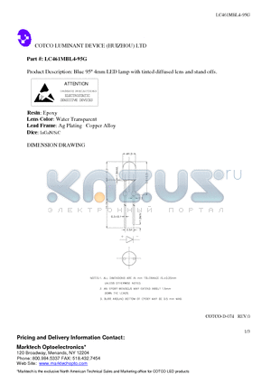 LC461MBL4-95G datasheet - Blue 95 4mm LED lamp with tinted diffused lens and stand offs.