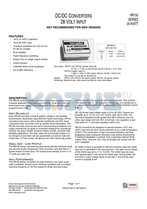 HR150 datasheet - -40`C to 85`C operation Transient protection 50 V for 50 ms