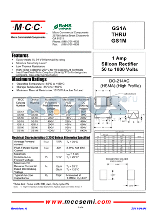 GS1A_11 datasheet - 1 Amp Silicon Rectifier 50 to 1000 Volts