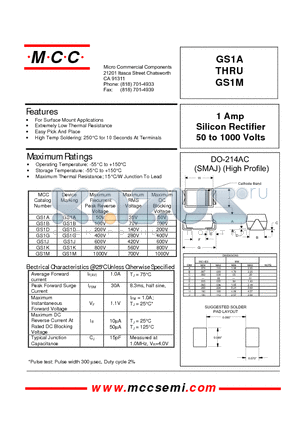 GS1B datasheet - 1 Amp Silicon Rectifier 50 to 1000 Volts