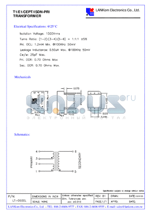 LT-0600L datasheet - T1/E1/CEPT/ISDN-PRI TRANSFORMER
