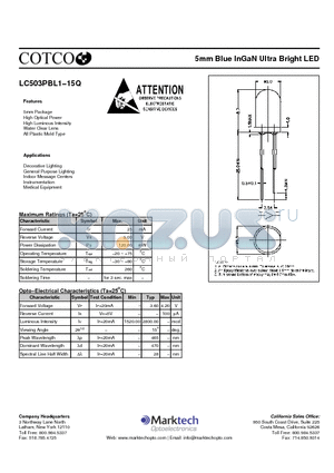 LC503PBL1-15Q datasheet - 5mm Blue InGaN Ultra Bright LED