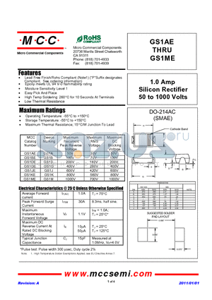 GS1BE datasheet - 1.0 Amp Silicon Rectifier 50 to 1000 Volts