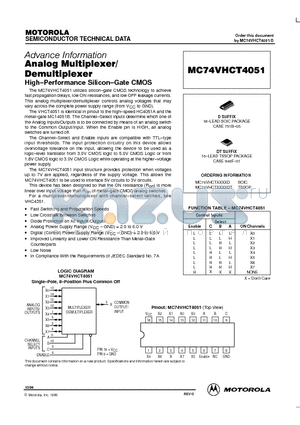 MC74VHCT1051D datasheet - Analog Multiplexer Demultiplexer