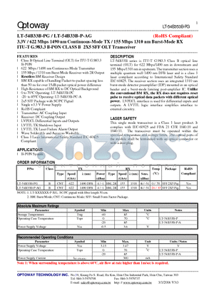 LT-54B33B-P-AG datasheet - 3.3V / 622 Mbps 1490 nm Continuous-Mode TX / 155 Mbps 1310 nm Burst-Mode RX ITU-T G.983.3 B-PON CLASS B 2X5 SFF OLT Transceiver