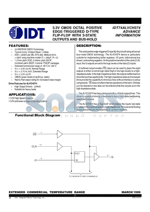 IDT74ALVCH374PY datasheet - 3.3V CMOS OCTAL POSITIVE EDGE-TRIGGERED D-TYPE FLIP-FLOP WITH 3-STATE OUTPUTS AND BUS-HOLD