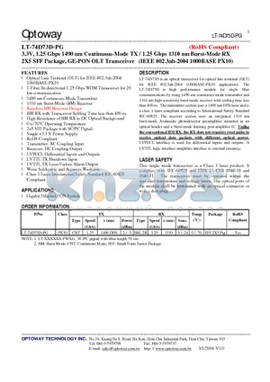 LT-74D73D-PG datasheet - 3.3V, 1.25 Gbps 1490 nm Continuous-Mode TX / 1.25 Gbps 1310 nm Burst-Mode RX 2X5 SFF Package, GE-PON OLT Transceiver (IEEE 802.3ah-2004 1000BASE PX10)