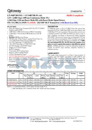 LT-94B73B-P1G datasheet - 3.3V / 2.488 Gbps 1490 nm Continuous-Mode TX