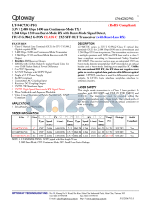 LT-94B73B-P1G datasheet - 3.3V / 2.488 Gbps 1490 nm Continuous-Mode TX