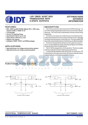 IDT74AUC16245BVI datasheet - 1.8V CMOS 16-BIT BUS TRANSCEIVER WITH 3-STATE OUTPUTS