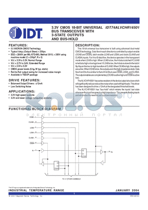 IDT74ALVCHR16501 datasheet - 3.3V CMOS 18-BIT UNIVERSAL BUS TRANSCEIVER WITH 3-STATE OUTPUTS AND BUS-HOLD