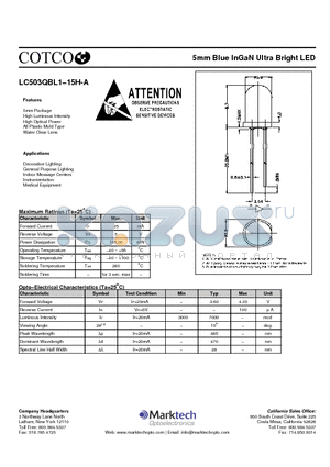 LC503QBL1-15H-A datasheet - 5mm Blue InGaN Ultra Bright LED