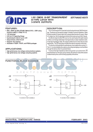 IDT74AUC16373 datasheet - 1.8V CMOS 16-BIT TRANSPARENT D-TYPE LATCH WITH 3-STATE OUTPUTS
