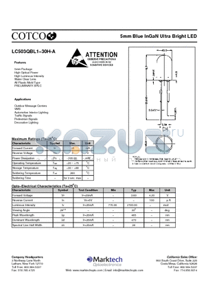 LC503QBL1-30H-A datasheet - 5mm Blue InGaN Ultra Bright LED