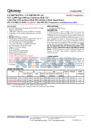 LT-94C73C-PWG datasheet - 3.3V / 2.488 Gbps 1490 nm Continuous-Mode TX