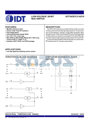 IDT74CBTLV16210 datasheet - LOW-VOLTAGE 20-BIT BUS SWITCH