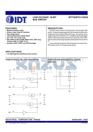 IDT74CBTLV16245 datasheet - LOW-VOLTAGE 16-BIT BUS SWITCH