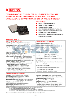 HDH100-24B-S025300 datasheet - ON-BOARD DC-DC CONVERTER HALF-BRICK BASE PLATE POWER MODULES INDUSTRIAL GRADE 100-150 WATTS SINGLE & DUAL OUTPUT