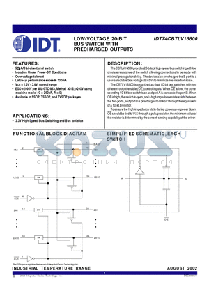 IDT74CBTLV16800PA datasheet - LOW-VOLTAGE 20-BIT BUS SWITCH WITH PRECHARGED OUTPUTS