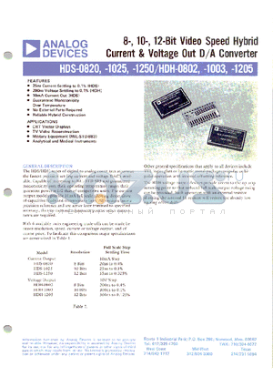 HDH-1003 datasheet - 8-, 10-,12-Bit Video Speed Hybrid Current & Voltage Out D/A Converter