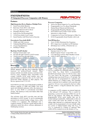 FM33256 datasheet - 3V Integrated Processor Companion with Memory