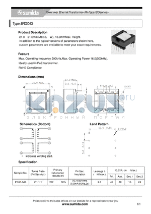 EFD2013 datasheet - Power over Ethernet Transformer<Pin Type: EFD series>