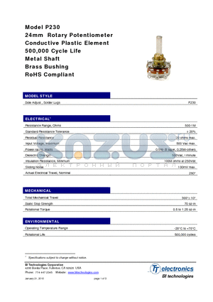 P230 datasheet - 24mm Rotary Potentiometer