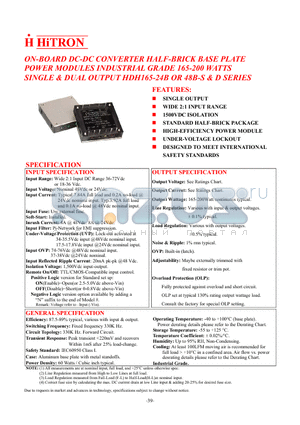 HDH165-24B datasheet - ON-BOARD DC-DC CONVERTER HALF-BRICK BASE PLATE POWER MODULES INDUSTRIAL GRADE 165-200 WATTS SINGLE & DUAL OUTPUT