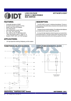 IDT74CBTLV3257PY datasheet - LOW-VOLTAGE QUAD 2:1MUX/DEMUX BUS SWITCH