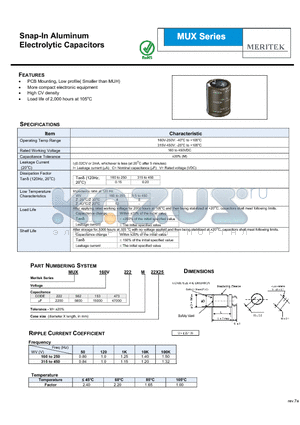 MUX160V562M22X25 datasheet - Snap-In Aluminum Electrolytic Capacitors