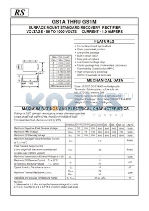 GS1M datasheet - SURFACE MOUNT STANDARD RECOVERY RECTIFIER VOLTAGE - 50 TO 1000 VOLTS CURRENT - 1.0 AMPERE