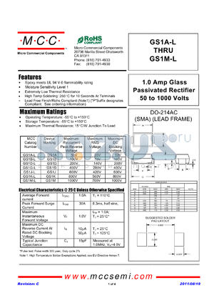 GS1M-L datasheet - 1.0 Amp Glass Passivated Rectifier 50 to 1000 Volts