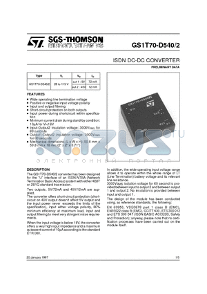 GS1T70-D542 datasheet - ISDN DC-DC CONVERTER