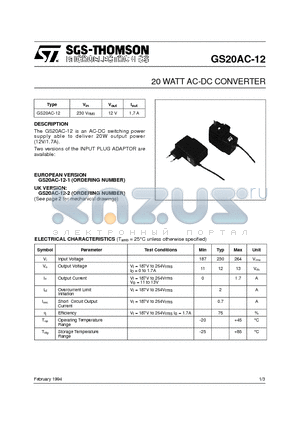 GS20AC-12-2 datasheet - 20 WATT AC-DC CONVERTER